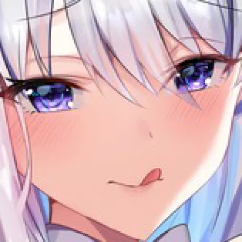 LF Color Source: face, 1girl, blush, white hair, tongue, licking, purple eyes, collar, eyebrows visible through hair by Tappyboi_02