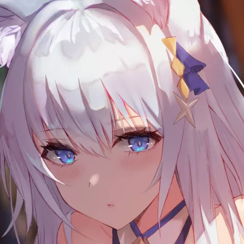 LF Color Source: face, blue eyes, white hair, animal ears, collar, shoulder, eyebrows visible through hair, hair ornament, blush by Tappyboi_02