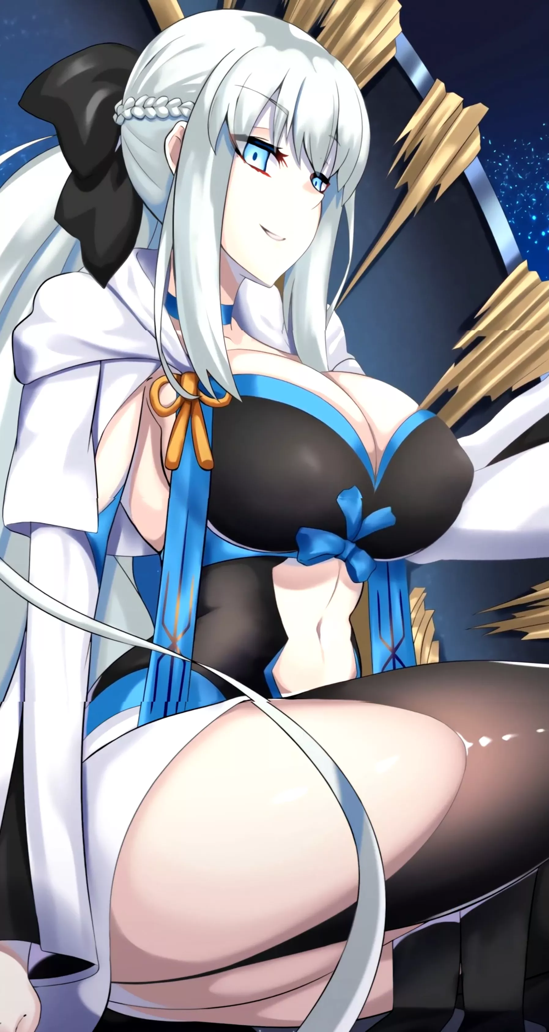 LF Color source : fate_(series) fate/stay_night fate/grand_order morgan_le_fay_(fate) ribbon red_ribbon black_ribbon orange_ribbon large_breasts thighs thick_thighs thigh bow black_bow blue_eyes braid grey_hair tied_hair solo sitting thigh_highs black_dr posted by ulti-shadow