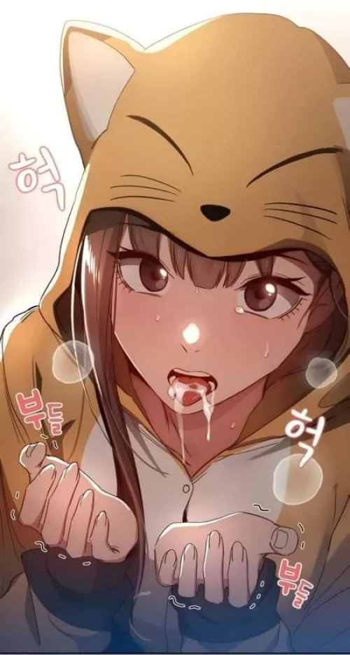LF Color Source: foreign text, 1girl, brown hair, brown eyes, cat onesie, mouth open, tongue out, cum in mouth, sweating, manhwa by WeebOfTheInternet