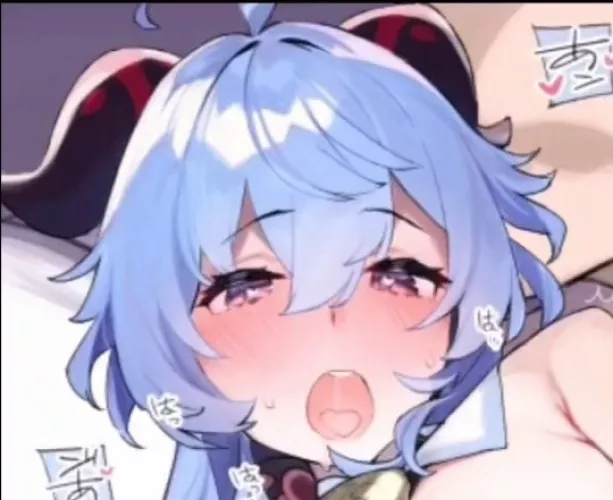 LF color source: horns, 1girl, blue hair, pink eyes, heart-shaped pupils, eyebrows visible through hair, looking at viewer, open mouth, saliva, drooling, blush, tongue, bare shoulders, large breasts, short hair, sweat, trembling, ganyu, foreign text. by lucrysanory