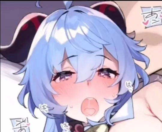 LF color source: horns, 1girl, blue hair, pink eyes, heart-shaped pupils, eyebrows visible through hair, looking at viewer, open mouth, saliva, drooling, blush, tongue, bare shoulders, large breasts, short hair, sweat, trembling, ganyu, foreign text. posted by lucrysanory