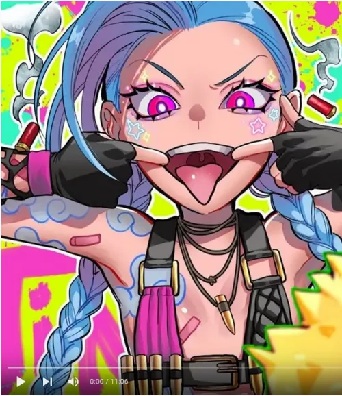 LF color source: Jinx (league of legends), 1girl, flat chested, open mouth, mouth held open, teeth, black gloves, fingerless gloves, tattoos, yt/youtube thumbnail by number52774