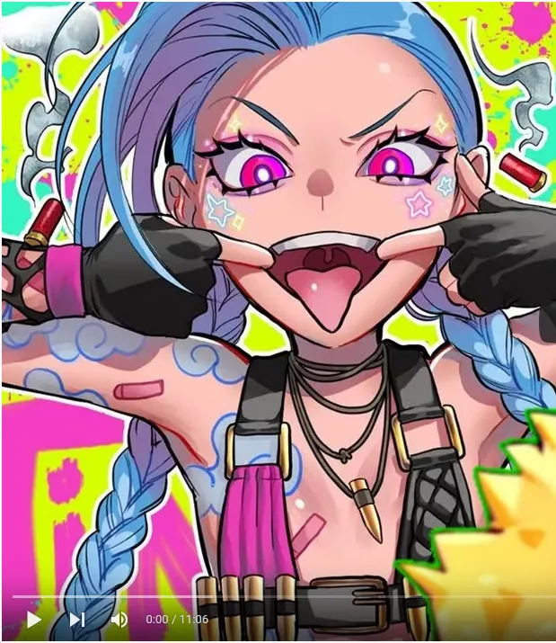 LF color source: Jinx (league of legends), 1girl, flat chested, open mouth, mouth held open, teeth, black gloves, fingerless gloves, tattoos, yt/youtube thumbnail posted by number52774
