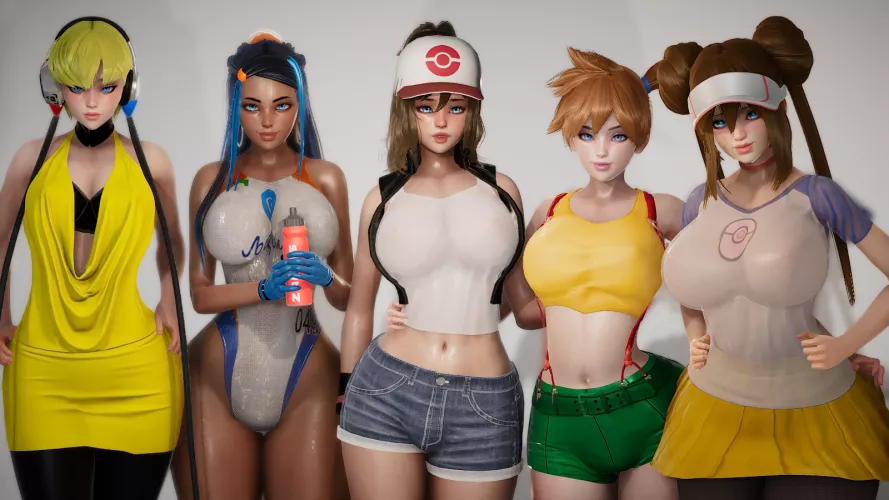 LF color source: looking at camera, pink areola, large areola, big areola, suspenders, short shorts, denim shorts, jean shorts, skirt, short skirt, orange hair, yellow hair, brown hair, black hair, pokémon, nessa, misty, cap, 3d, black, dark skin, blue  by HornyTendies69