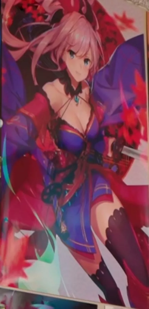 LF color source: miyamoto musashi, FGO, pink hair, 2 swords, red and purple outfit, maple leaves, big boobs by BrokenDots