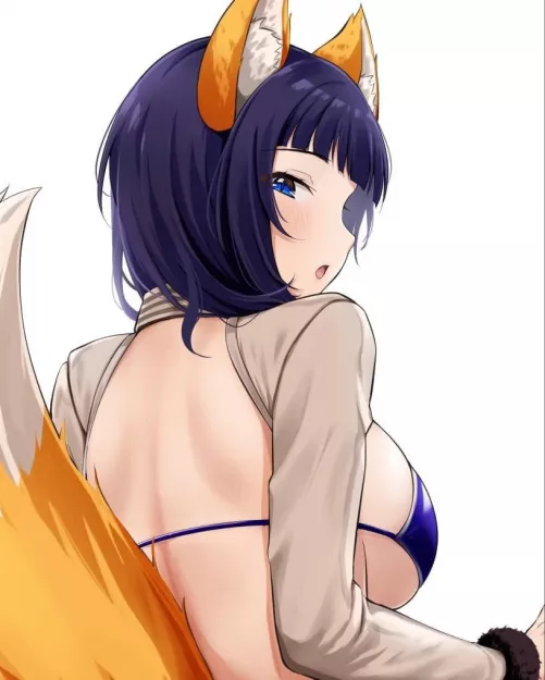 LF Color Source: Purple hair, purple bra, blue eyes, tail, ears, exposed back, big breasts by Incomplete_and_broke