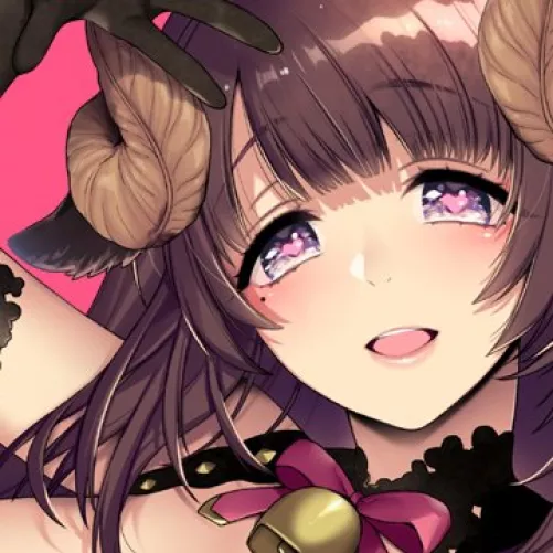 LF color source: Sumeragi Kohaku, face, horns, bells, 1girl, mouth open, crop, pink background, bangs, long hair, brown hair, ribbons, heart-shape pupil eyes by gmdragon