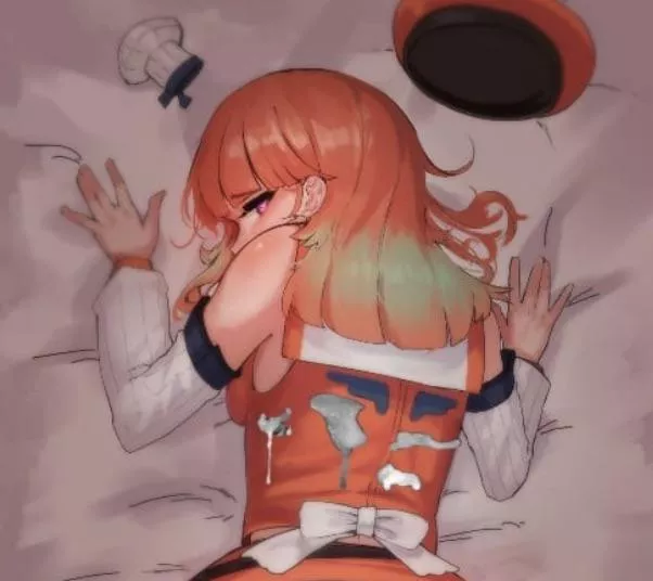 LF color source: takanashi kiara, orange hair, green highlights, bent over, orange outfit, hat, purple eyes, white bow, cum. posted by Spawny_Memes