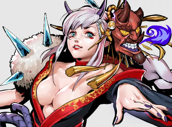 LF Color Source: white hair, 1girl, demon(?), purple nails, blue eyes, looking at viewer, robe, smiling, cleavage by bigppman123456