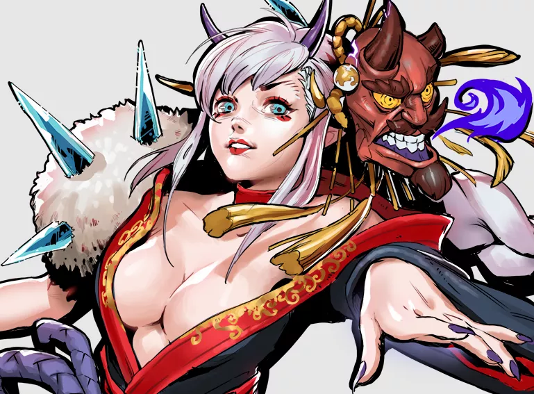 LF Color Source: white hair, 1girl, demon(?), purple nails, blue eyes, looking at viewer, robe, smiling, cleavage posted by bigppman123456