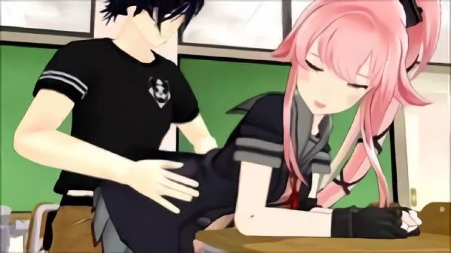 LF Color Source: Yura, Classroom, MMD, Schoolgirl, Pink Hair, School Uniform, 1girl, 1boy, Blushing by AgentHilter-San