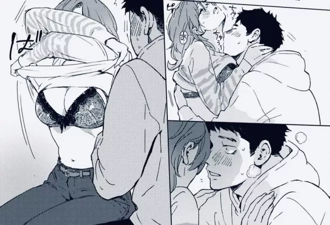 LF Mono Source: 1boy, 1girl, arms up, belt, blush, bow bra, dark/black/short/long hair, flower print/design/pattern, foreign text, hand on another's neck/shoulder, hoodie, kissing neck, lace trimmed bra, lingerie, long sleeves, navel, pants, sfx, steam/ by HentaiSource_Archive