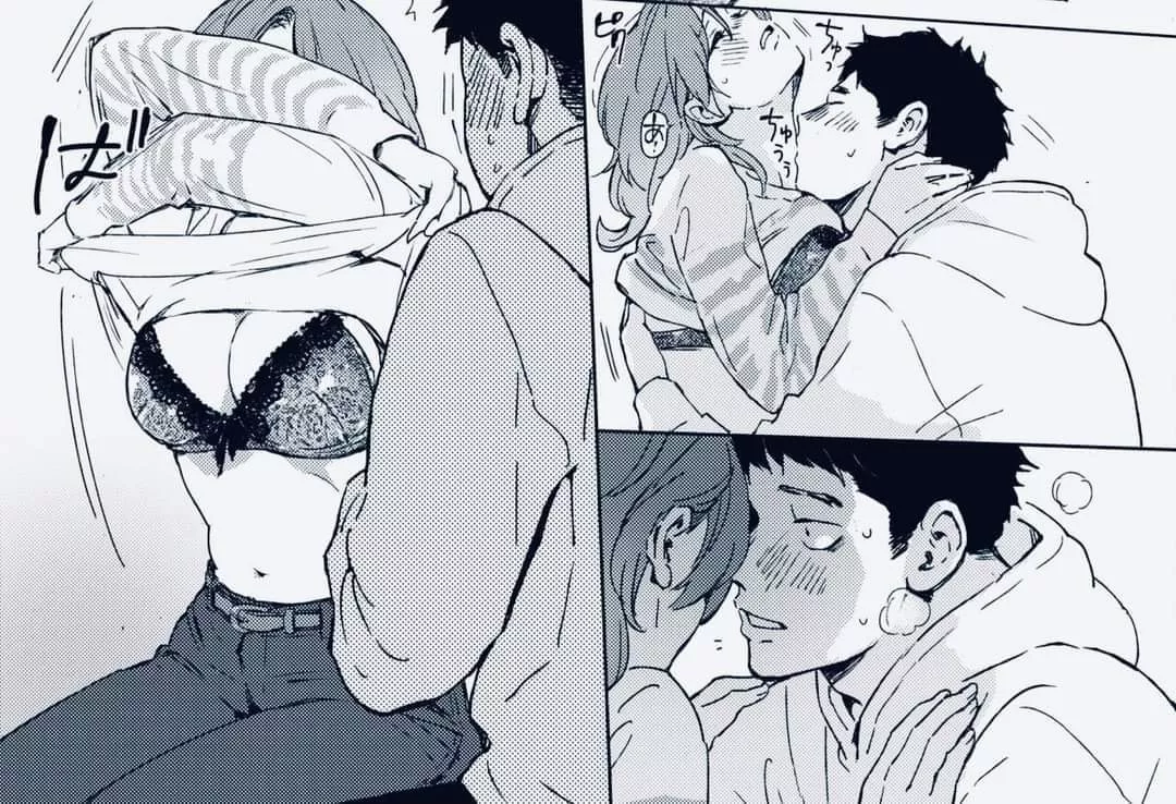 LF Mono Source: 1boy, 1girl, arms up, belt, blush, bow bra, dark/black/short/long hair, flower print/design/pattern, foreign text, hand on another's neck/shoulder, hoodie, kissing neck, lace trimmed bra, lingerie, long sleeves, navel, pants, sfx, steam/ posted by HentaiSource_Archive