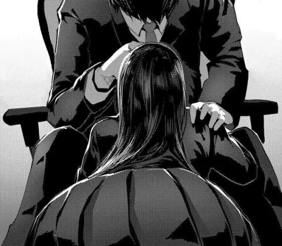 LF Mono Source: 1boy, 1girl, bend over, crouch down, black suit, necktie, collar, long black hair, uniform, short skirt, sitting, chair by Derakart