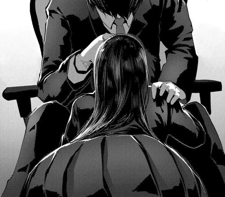 LF Mono Source: 1boy, 1girl, bend over, crouch down, black suit, necktie, collar, long black hair, uniform, short skirt, sitting, chair posted by Derakart