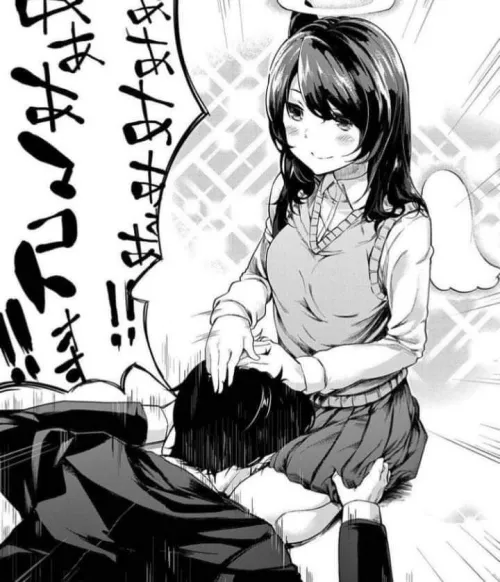 LF Mono Source: 1boy, 1girl, foreign/japanese text, speech bubble, halo, wings, long hair, bangs, school uniform, hand on another's head, head between knees/thighs, thigh grab, motion lines, emphasis lines by Molton-Babu7031