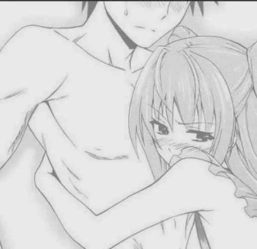 LF MONO SOURCE: 1boy, 1girl, hugging, light colored hair, black hair, naked, apron, blushing, twintails, sweating by Flexor49