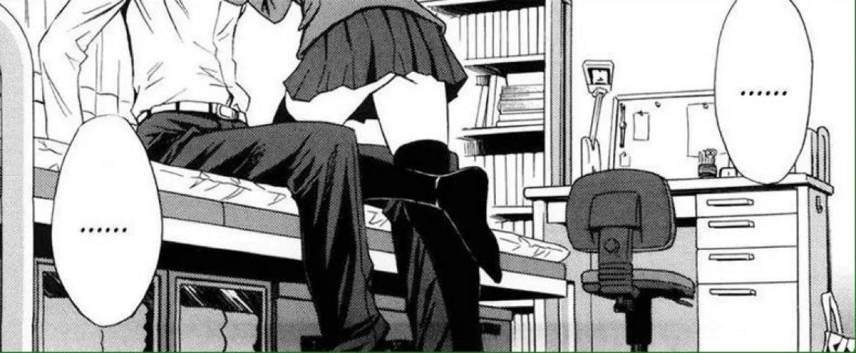 LF Mono Source: 1boy, 1girl, lean over, tights, short skirt, school uniform, thighs, suit, sitting on bed, bookshelf, desk, chair, ......, ...... by Derakart