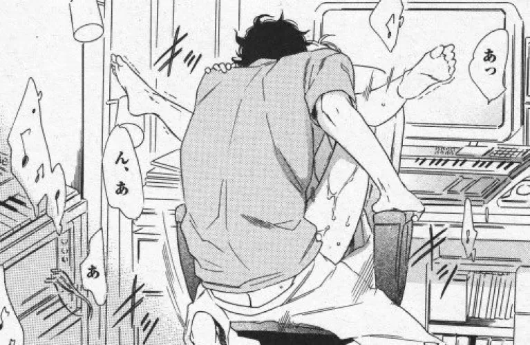 LF Mono Source: 1boy, 1girl, legs, desk, computer, sex on chair, books, black hair, keyboard by Area51chan