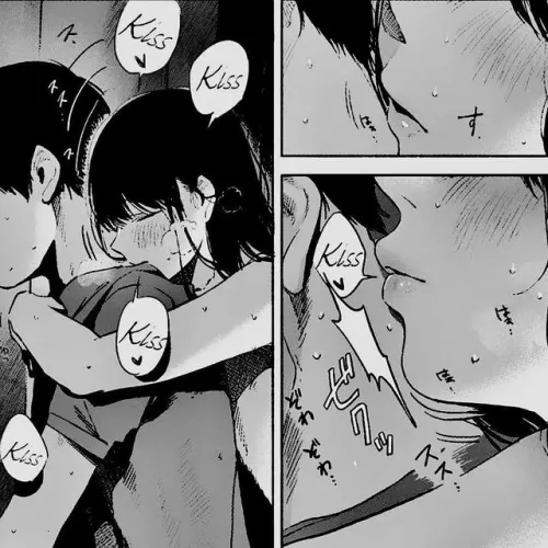 LF Mono Source: 1boy, 1girl, shirt, eyes closed, nape kissing, hugging, black hair, long hair, sweating, blushing, Kiss, Kiss, Kiss, Kiss, Kiss, SFX, foreign text by mancoi