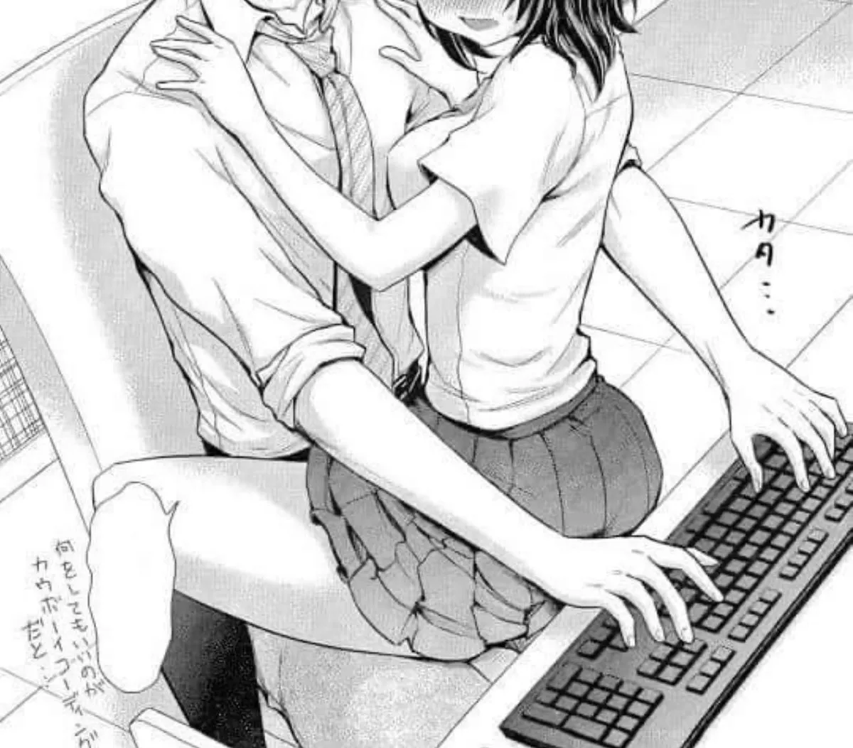 LF Mono Source: 1boy, 1girl, sitting on lap, shirt, necktie, short skirt, shocks, keyboard, short hair, blushing, thighs, foreign text posted by Derakart