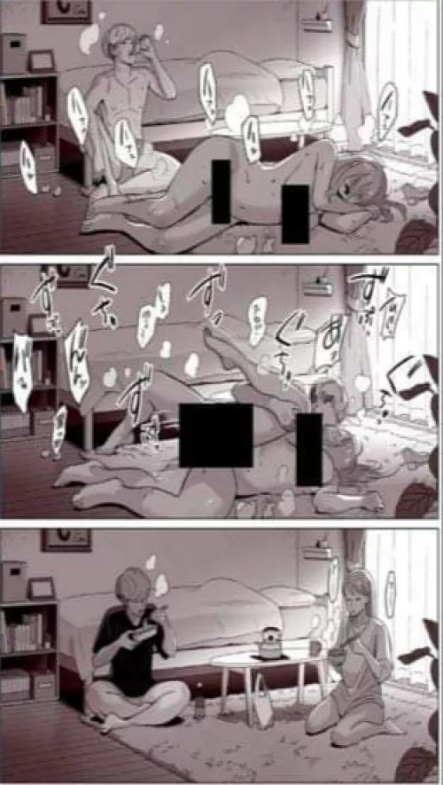 LF Mono Source: 1girl, 1boy, 3 frame, naked, bedroom, side sex position, japanese text, drinking, eating by perhapsasinner