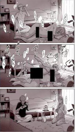 LF Mono Source: 1girl, 1boy, 3 frame, naked, bedroom, side sex position, japanese text, drinking, eating posted by perhapsasinner