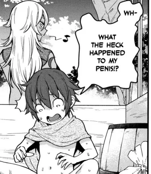 LF Mono Source: 1Girl, 1Boy, Ahoge, Bangs, Blush, Cape, Medium Hair, Kogal, Humming, Sidelocks, Smiling, Shocked Expression, Sweat, Text: Wh-What The Heck Happened To My Penis!? by Sumit2111