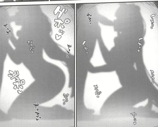 LF Mono Source: 1girl, 1boy, blow job, SFX, japanese text, long hair, shadow, seiza, sitting, fellatio, standing by kei-kazuki