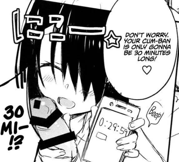 LF mono source: 1girl, 1boy, closed eye, bang covering eye, penis, censored, phone, timer, orgasm denial, “don’t worry. Your cum-ban is only gonna he 30 minutes long!”, “30 MI-!!” posted by Guantanamo_Bae_