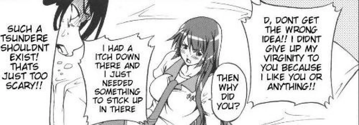 LF mono source: 1girl, 1boy, “D, DONT GET THE WRONG IDEA!! I DIDNT GIVE UP MY VIRGINITY TO YOU BECAUSE I LIKE YOU OR ANYTHING!!”, “THEN WHY DID YOU?”, “I HAD A ITCH DOWN THERE AND JUST NEEDED SOMETHING TO STICK UP IN THERE”, “SUCH A TSUNDER by eyy_gavv