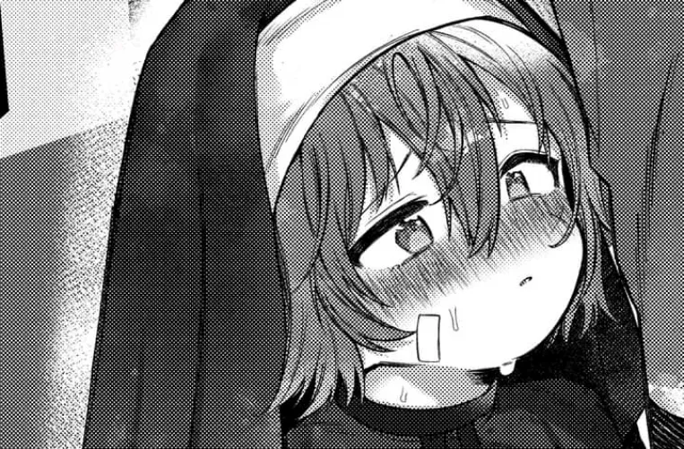 LF Mono Source: 1girl, 1boy, nun, hair between eyes, looking up, from side, face, upper body, blush, bandaid/bandage on cheek, sweat, half-closed eyes, short/medium hair, eyebrows visible through hair, out of frame by Molton-Babu7031