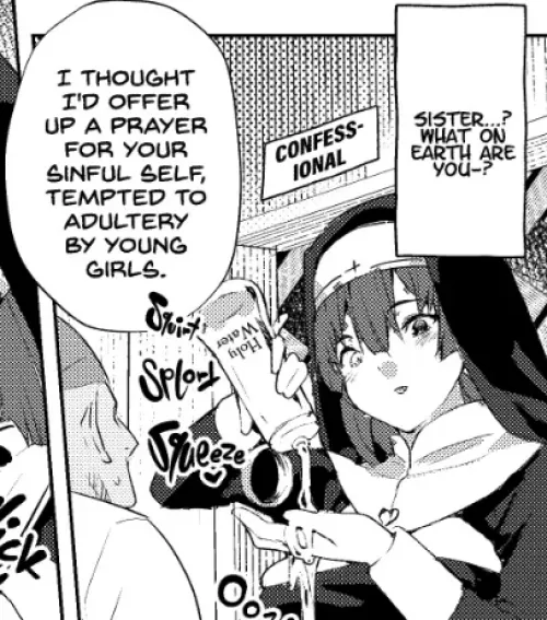 LF Mono Source: 1girl, 1boy, nun, heterochromia, sfx, lotion, blush 