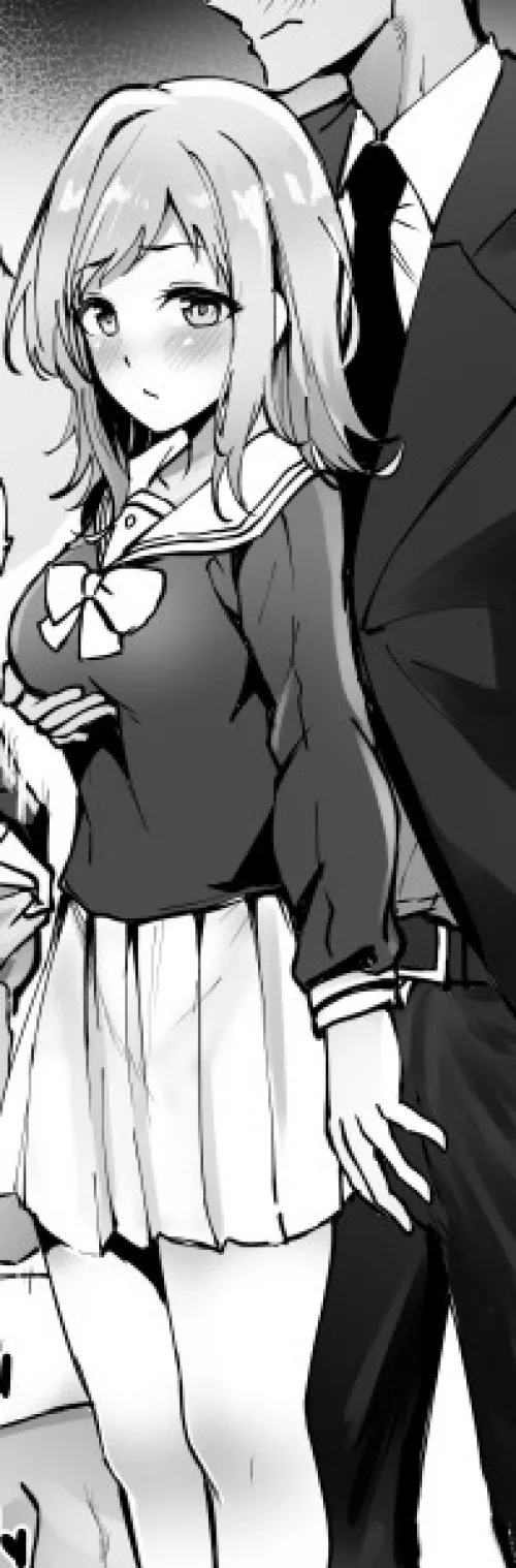 LF Mono Source: 1girl, 1boy, Schoolgirl Uniform, Business Suit, Short Hair, Blushing, Hand on breasts, Hand on crotch , boy's face cropped out by weebletcomrade