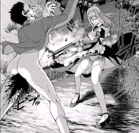 LF Mono Source: 1girl, 1boy, shotgun, maid, garter belt, blood, forest, night, white hair. posted by Hyp3r_B3ast