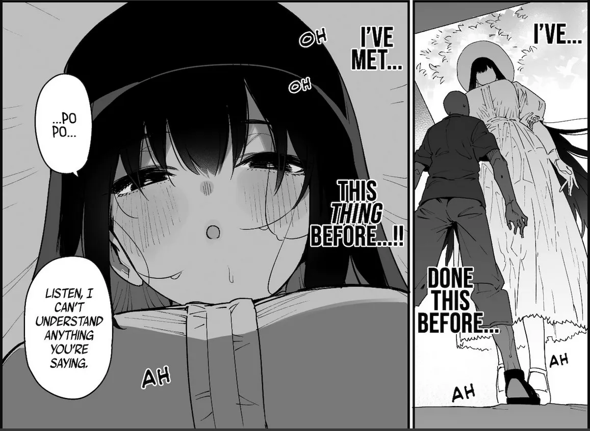 LF Mono Source: 1girl, 1boy, tall woman, long hair, big boobs, bold, blushing, slightly closed eyes, open mouth, sweating, long frock, summer hat, 