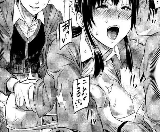 LF Mono Source: 1girl, 2boys, from behind, japanese text, black hair, long hair, blushing, sweating, breasts grab, torso grab, threesome, school uniform, but breasts, sex, open mouth, crying, tears, open eyes, standing, doggystyle, panty pull by kei-kazuki