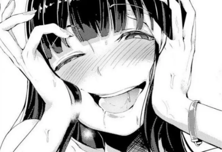 LF Mono Source: 1girl, ahegao, black hair, blunt bangs, blush, bracelet, close up, drool, face, half-closed eyes, hands on/to own cheeks/face, long hair, one eye closed, open mouth, saliva, squinted eyes, upper teeth by HentaiSource_Archive