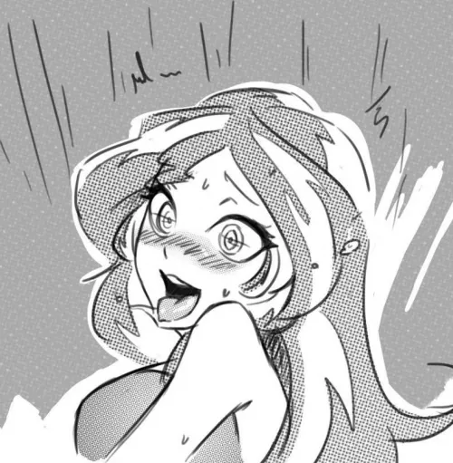 LF Mono Source: 1girl, ahegao, long hair, white hair, gray hair, blushing, open eyes, open mouth, sweating, big breasts, looking back, face focused, gray background, SFX by kei-kazuki