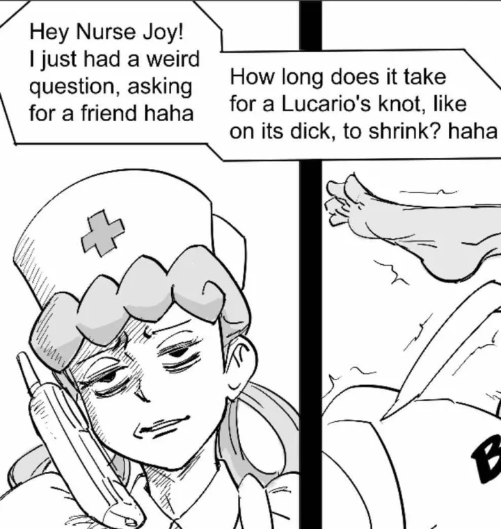 LF Mono Source: 1Girl, Annoyed, Pokemon, Character: Nurse Joy, Phone, Nurse Cap, Text: Hey Nurse Joy! I just had a weird question, asking for a friend haha. How long does it take for a Lucario's knot, like on its dick, to shirnk? haha posted by Sumit2111