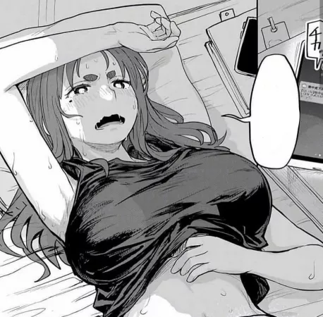 LF Mono Source: 1girl, Armpit, Beauty mark, Belly, Big Breast, Cellphone, Thick Eyebrows, Speech bubble, Sweat by AaronNCB