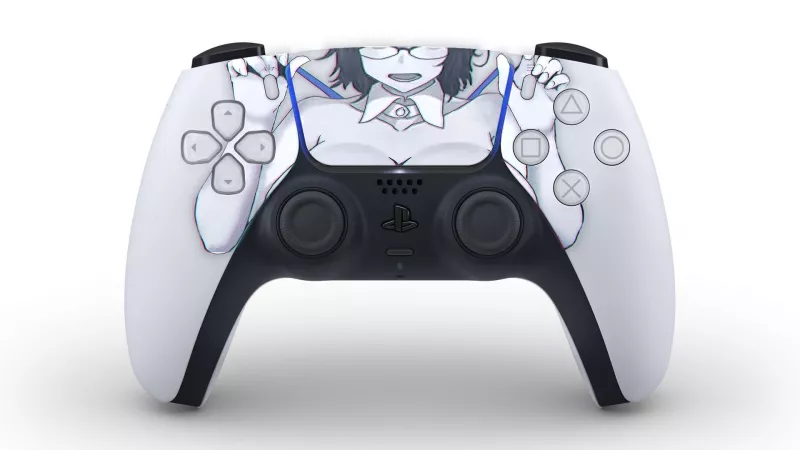 LF Mono Source: 1girl, bare shoulders, cleavage, collarbone, detached collar, glasses, hands up, large breasts, meme, playstation, ps5 controller, pulling/holding straps by HentaiSource_Archive