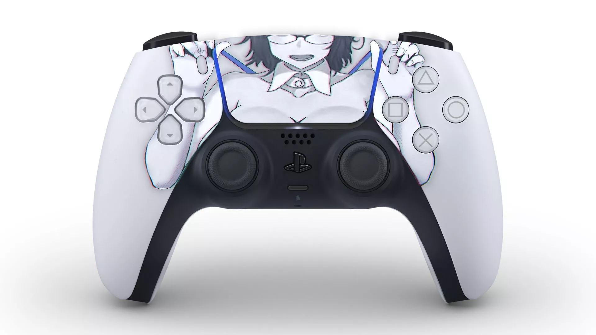 LF Mono Source: 1girl, bare shoulders, cleavage, collarbone, detached collar, glasses, hands up, large breasts, meme, playstation, ps5 controller, pulling/holding straps posted by HentaiSource_Archive