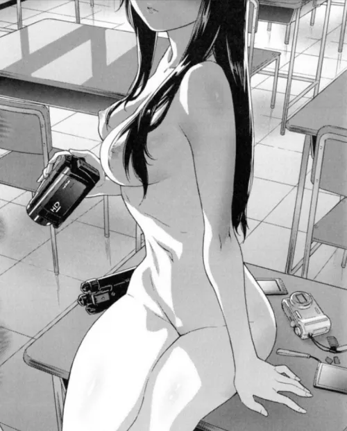 LF Mono Source: 1girl, black hair, camera, chair, classroom, desk, hair over shoulder, head out of frame, holding camera, long hair, medium breasts, nude/naked, parted lips, phone, sitting on desk, smartphone, tripod by HentaiSource_Archive