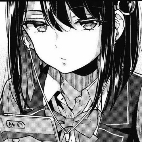 LF Mono Source: 1girl, black hair, hairclip/hair clip, hair between eyes, staring, collared shirt, school uniform, shoulder straps, neck ribbon/bow, earphones/earbuds, cellphone/mobile phone by Mitsukeraremasen