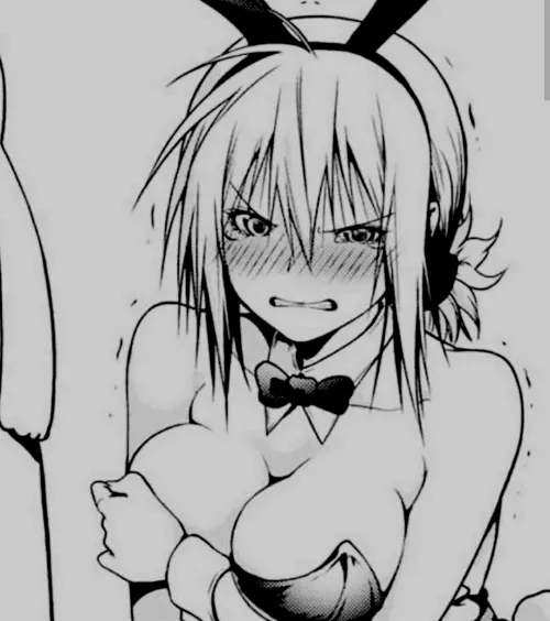 LF Mono Source: 1girl, Blush, Bunny ears, Bunny girl, Embarrassed, Hand on breast, Eyebrows visible through hair by AaronNCB