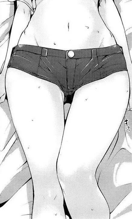 LF Mono Source: 1girl, close up, belly, navel, lying on bed, sweat, arms, thighs, legs, denim shorts posted by Derakart