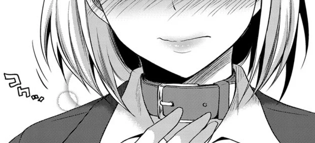 LF Mono Source: 1girl, close up, blush, medium white/blonde hair, choker, collared shirt, head out of frame, lipstick, hand up, clothed female by Molton-Babu7031