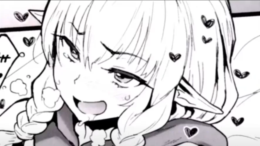 lf mono source: 1girl, elf, hearts, cumming, sweating, foreign text, unimpressed, braids by chewtoy9696